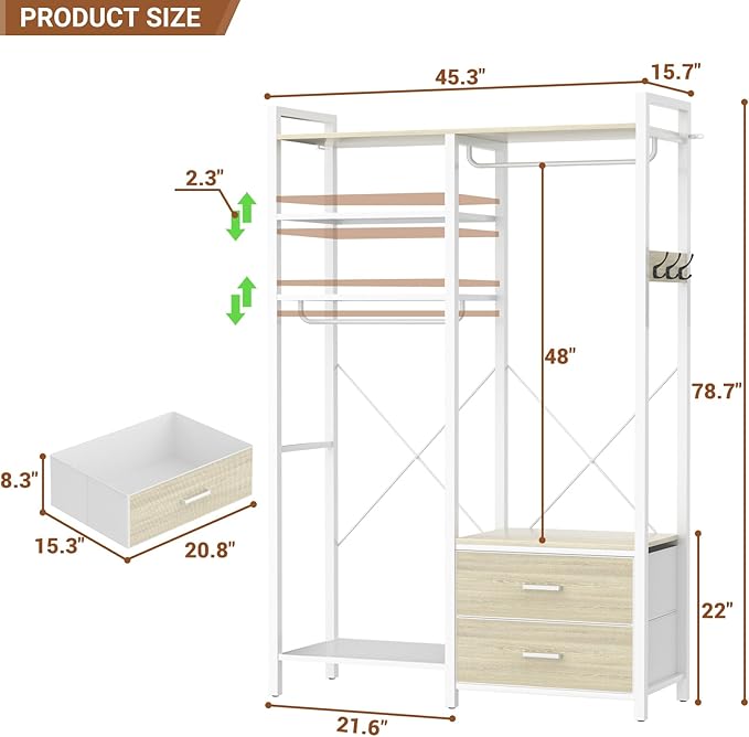 78.7'' Clothes Rack for Hanging Clothes - Reversible Clothing Rack with 2 Drawers, Heavy Duty Garment Racks with Shelves, 6 Tiers Freestanding Closet Wardrobe System with Hanging Hooks, White Oak