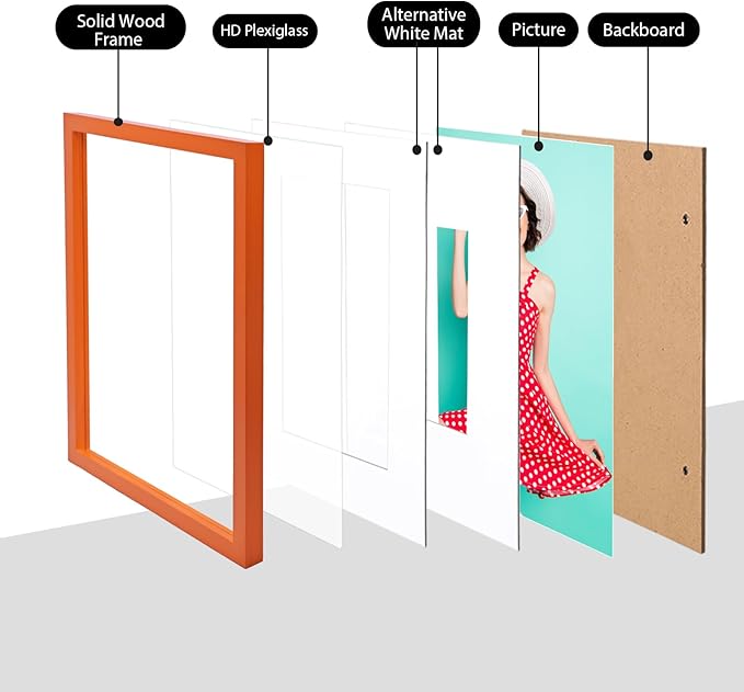 KINLINK 11x14 Picture Frame Orange, Solid Wood Frames with Acrylic Plexiglass for Pictures 5x7/8x10 with Mat or 11x14 without Mat, Tabletop and Wall Mounting Display, Set of 4