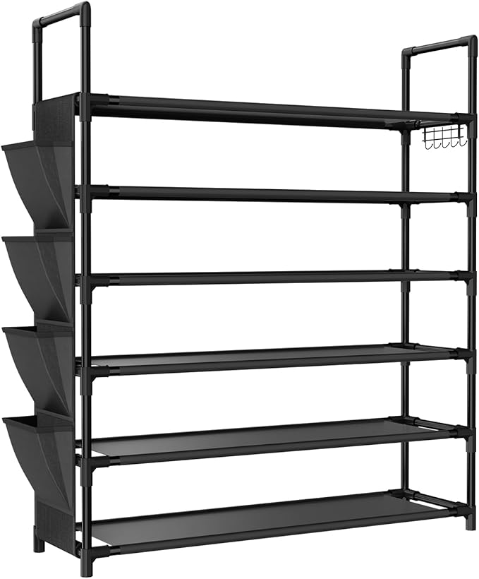6 Tier Shoe Rack, Shoe Organizer Storage for 24-30 Pairs Shoe and Boot, Long Shoe Shelf with Hook and Side Pocket Free Standing Tall Shoe Rack Organizer for Closet, Entryway, Dorm