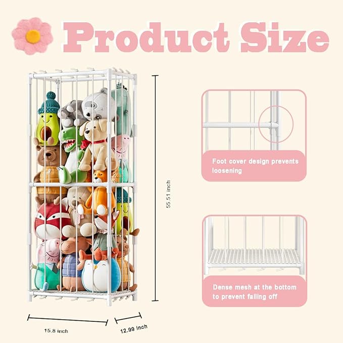 Stuffed Animal Storage Zoo Toy Organizer Corner Chest Plush PVC Material Extra Large Holder Metal Standing Space Save Vertical With Elastic For Nursery Kids Room,White（Medium） (White, Medium)