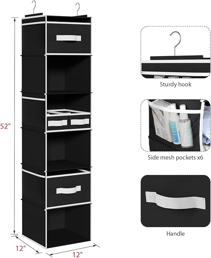 Univivi 6 Shelf Hanging Closet Organizer and Storage with 4 Removable Drawers & 6 Side Pockets,Wardrobe Clothes Organizer,Closet Hanging Shelves,Hanging Storage Organizer,Foldable