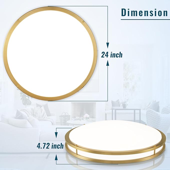 24 inch Gold Ceiling Light Fixture 48W, LED Dimmable Close to Ceiling Light Fixture 5CCT, Modern Flush Mount Ceiling Light for Living Room, Bedroom, Bathroom, Kitchen