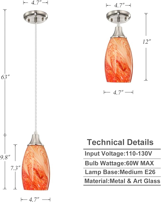 Art Glass Mini Pendant Lights Kitchen Island Marble Glass Pendant Light Shade with Brushed Nickel Finish Ceiling Hanging Lights for Kitchen Over Sink,Dining/Living Room Red Marble-1Pack