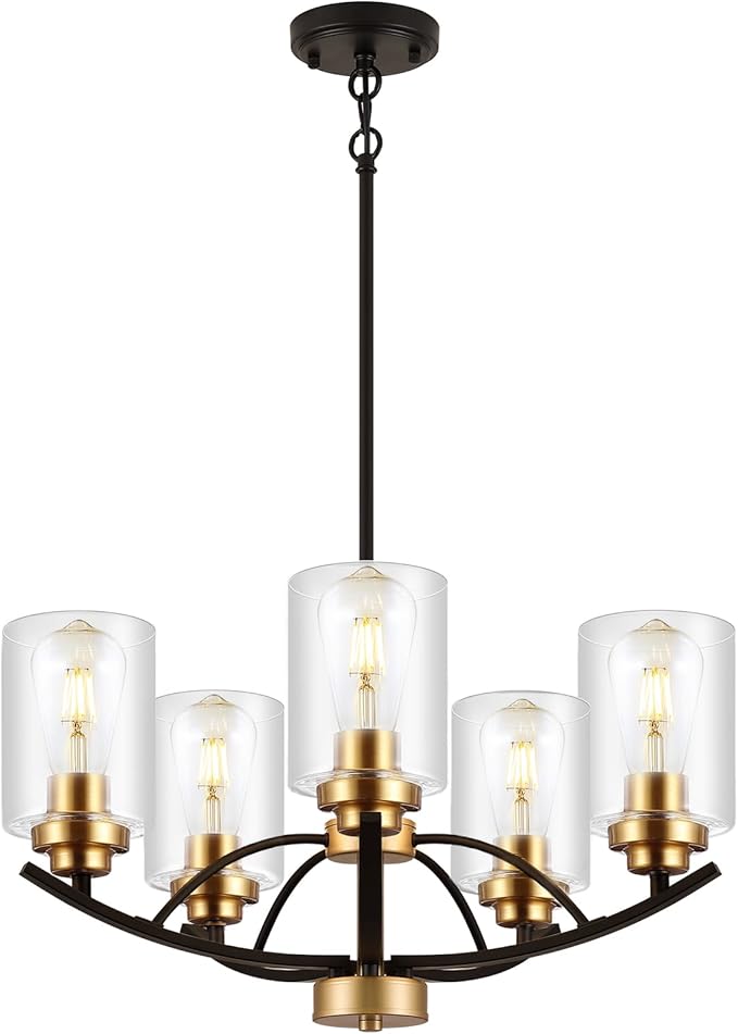 9MMML 5 Lights Glass Chandelier,Wrought Iron Pendant Light Fixtures, Gold+Black Finish Kitchen Island Lighting for Dining&Living Room Foyer Bar