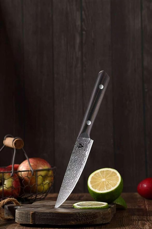 4.7" Paring Knife Damascus Steel Fruit Knives - 67-Layer Forged Kitchen Peeling Knife with Natural Solid Wood Handle Kitchen Utility Knives, 15° Double-Edged Blade, Ultra-Sharp & Durable