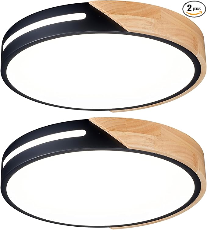 Black and Wood Flush Mount Ceiling Light Fixture Set of 2, Dimmable LED Ceiling Light Black, Modern Light Fixture Ceiling Mount for Bedroom, Living Room, Kitchen, Bathroom, Hallway