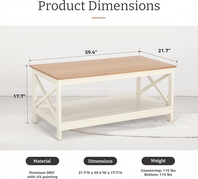 GREEN PARTY Coffee Tables for Living Room, Simple Wooden Stable Coffee Table with Shelf,Open Storage Space with Large Capacity Coffee Table,40 Inches, White