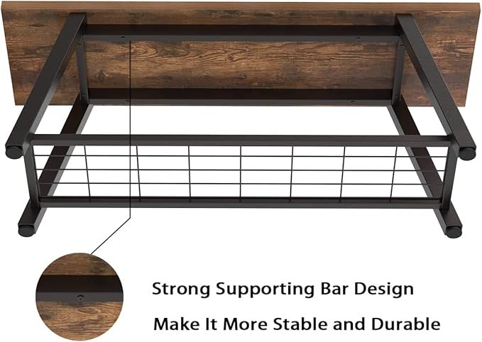 Storage Bench Industrial Rustic Wooden and Metal Entryway Shoe Boots Storage Rack Long Bench Seat for Hallway Bedroom Retro Brown Farmhouse Style