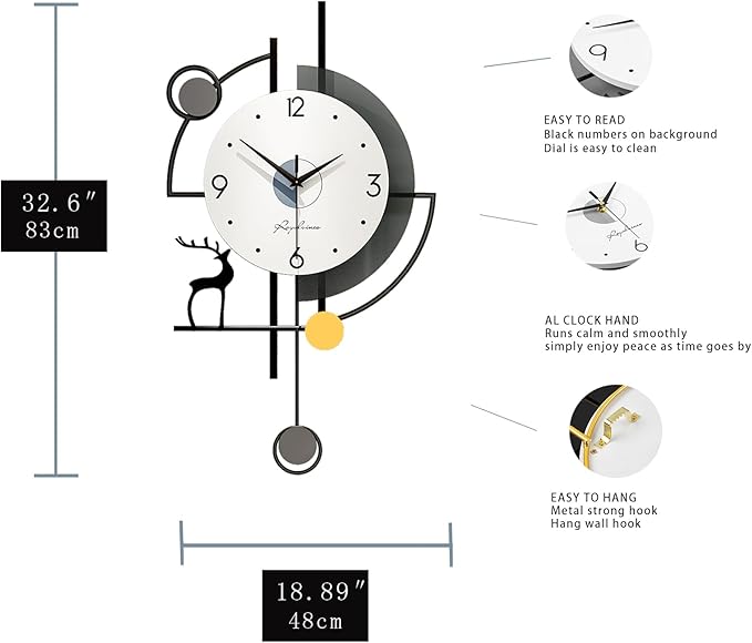 FLEBLE Extra Large Wall Clock for Living Room Decor Modern Wall Clocks Decorative Silent Battery Operated Non-Ticking for Bedroom Office Kitchen Indoor 32 inch Black Pendulum Wall Watch Clock for Home