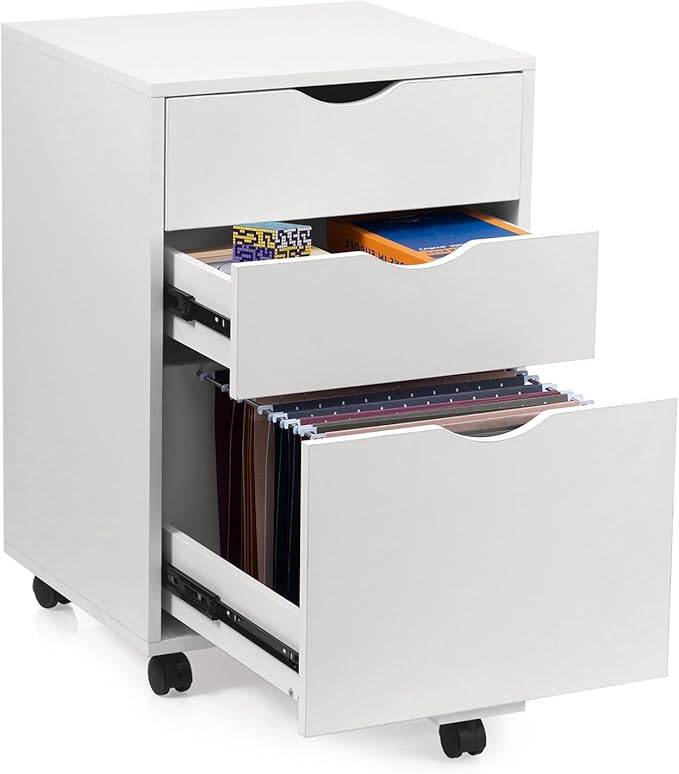 HollyHOME 3-Drawer Wood File Cabinet, Under Desk Cabinet for Home Office, Rolling Storage Shelf for Home, Printer Stand, for A4, Letter-Size, 11.8in Hanging File Folders, White