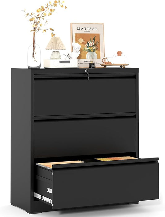 Metal Lateral File Cabinets with Lock,3 Drawer Filing Cabinets for Home Office,Storage Cabinets for Hanging Files Letter/Legal/F4/A4 (Black)