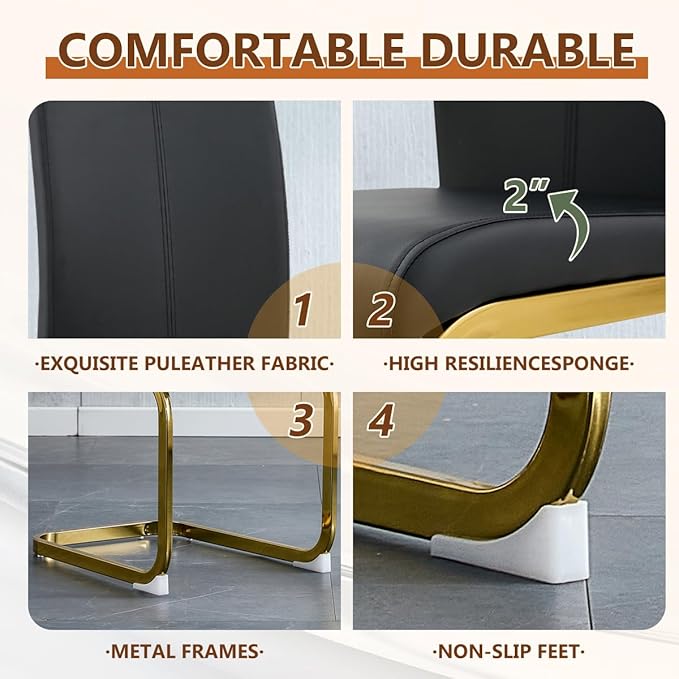 63'' Glass Dining Table Set for 4, Kitchen Table Chairs Set of 4, Clear Glass Dining Table with Black unique design Leg and Gold Metal Base, 4 PU Dining Chairs with Metal Legs, Living Room, Kitchen.