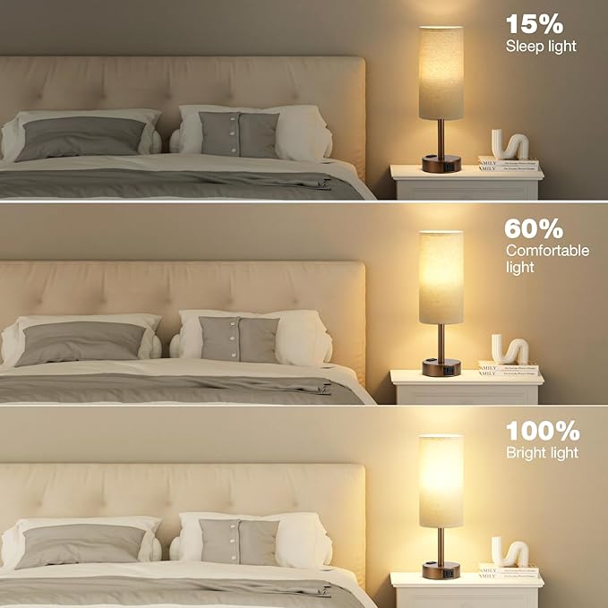 Brown Bedside Table Lamp for Bedroom - 3 Way Dimmable Touch Lamp USB C Charging Ports and AC Outlet, Small Lamp Round Flaxen Fabric Shade for Living Room, Desk, LED Bulb Included