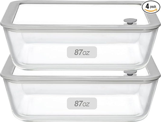 Glass Food Containers with Glass Lid, Microwave Safe Food Storage Container Set, 2 Pack of 87oz, Large Size Airtight Storage Set with Leak Proof Lids, Meal Prep Containers