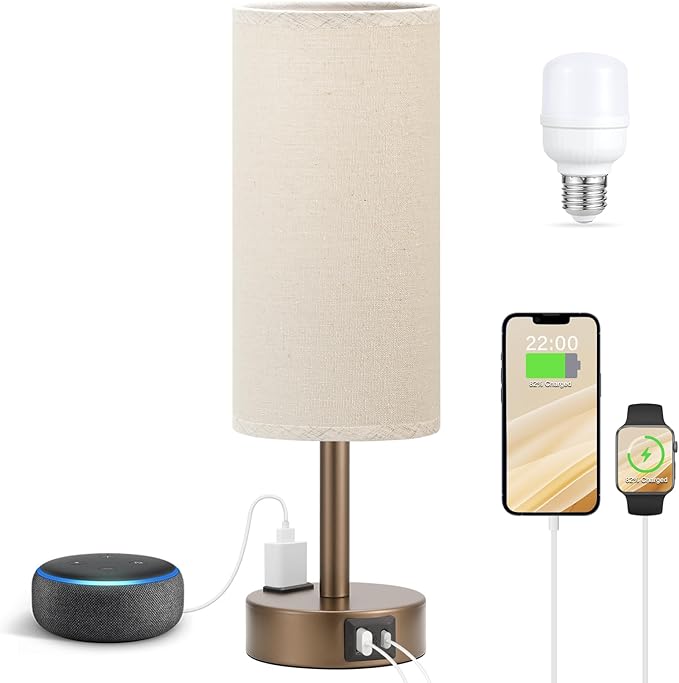 Brown Bedside Table Lamp for Bedroom - 3 Way Dimmable Touch Lamp USB C Charging Ports and AC Outlet, Small Lamp Round Flaxen Fabric Shade for Living Room, Desk, LED Bulb Included