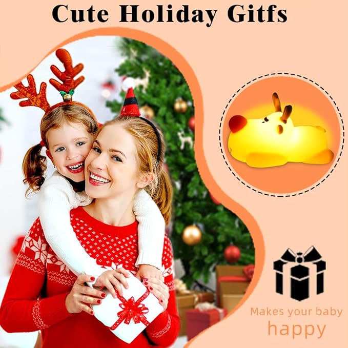 Eco-Friendly Reindeer Night Light - Energy Efficient LED Desk Lamp, Rechargerable Dimmable Nursery Soft Touch Bedside Baby Squishy Night Light, Portable Nightlight for Adults/Kids