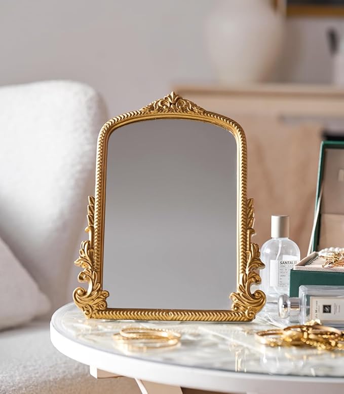 Small Antique Gold Arched Table Mirror - Vintage Vanity Makeup Mirror, Traditional Baroque Style Decor for Bedroom, Living Room, Tabletop 11.8" x 9.6"