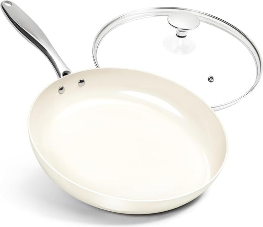 MICHELANGELO 12 Inch Frying Pan with Lid, Large Nonstick Skillet with Ergonomic Handle, Non-Toxic Ceramic Fry Pan, Oven-Safe, White