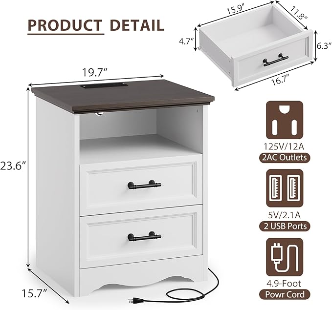 Farmhouse Nightstand with Charging Station, End Table with 2 Drawers Storage, Space-Saving Wood Storage Cabinet with Unique Base Design, Bedside Table for Bedroom, Living Room, White