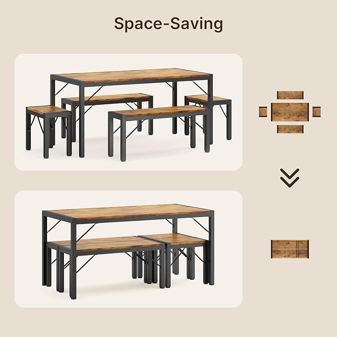 Gizoon 63" Dining Room Table Set for 6, Kitchen Table with 2 Benches and 2 Stools, Dining Table Set with Metal Frame, Space-Saving Kitchen Table Set for Apartment, Retro