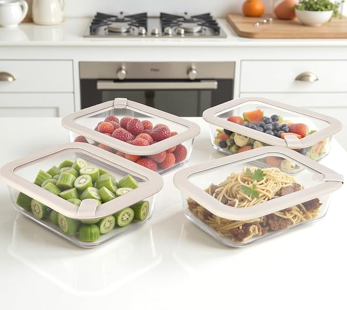 Glass Food Containers with Glass Lid, Microwave Safe Food Storage Container Set, 4 Pack of 35oz, Large Size Airtight Storage Set with Leak Proof Lids, Meal Prep Containers