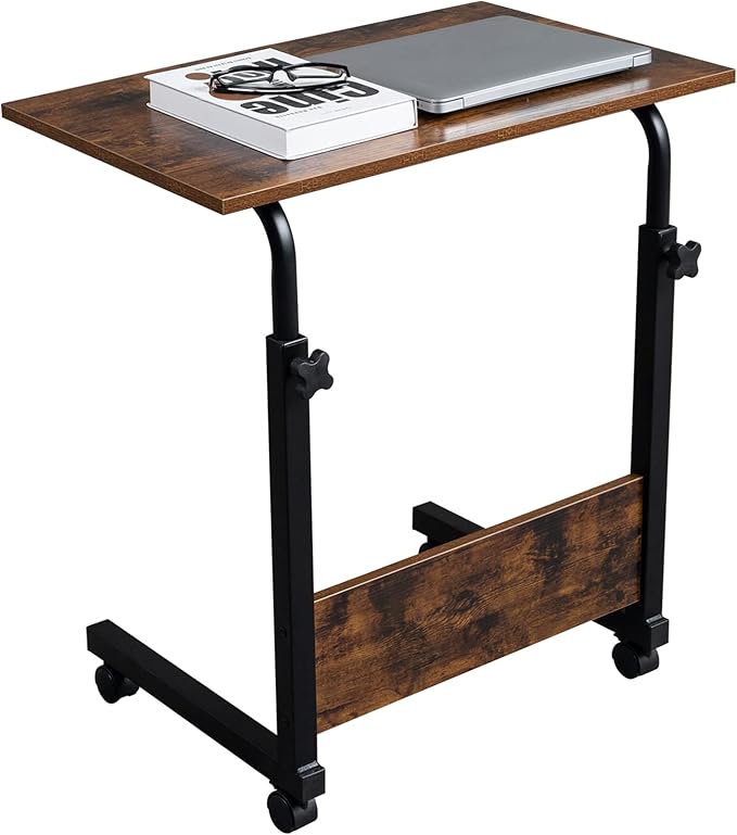 Goujxcy Sofa Side Table C Shaped End Table with Wheels, Rolling Bedside Laptop Table Snack Table TV Tray, Height Adjustable, Wooden Top & Metal Frame