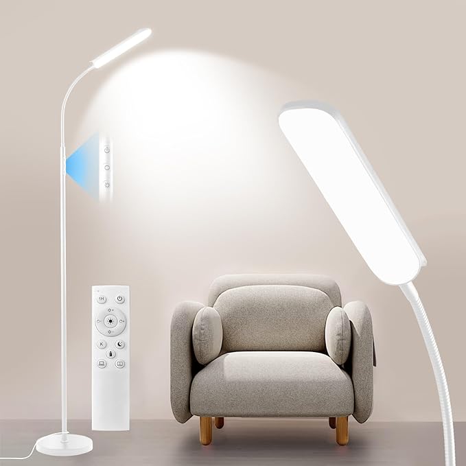 Dimmable LED Floor Lamp, Super Bright Reading Lamps Floor Standing Lamp with Remote & Touch Control, Stepless Dimming & 2700K-6500K Color Temperature, for Living Room Bedroom Office, White