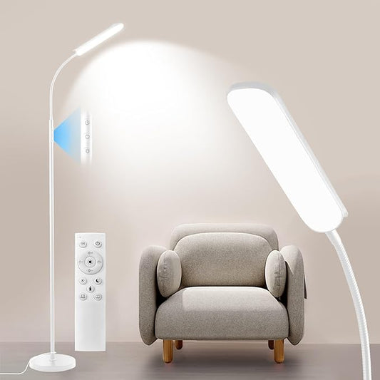 Dimmable LED Floor Lamp, Super Bright Reading Lamps Floor Standing Lamp with Remote & Touch Control, Stepless Dimming & 2700K-6500K Color Temperature, for Living Room Bedroom Office, White