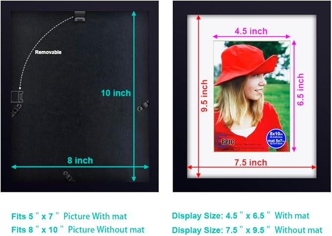 RPJC 8x10 inch Picture Frames Made of Solid Wood and High Definition Glass Display Pictures 5x7 with Mat or 8x10 Without Mat for Wall Mounting Photo Frame Black