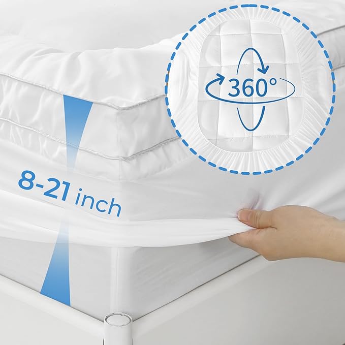 YUGYVOB Full Size Mattress Topper - 800GSM Extra Thick Cooling & Breathable Mattress Pad with Deep Pocket 8"-21" & Soft Down Alternative Filling, White