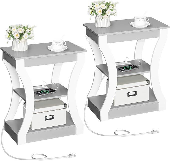 End Table with Charging Station, Set of 2, Side Table with USB Ports and Outlets, 3 Tier Nightstand with Storage Shelf for Small Spaces, Living Room, Bedroom, Grey ETSW53E01S2