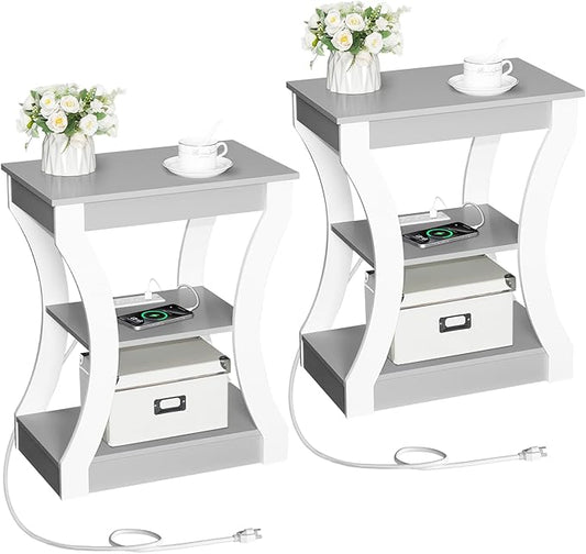 End Table with Charging Station, Set of 2, Side Table with USB Ports and Outlets, 3 Tier Nightstand with Storage Shelf for Small Spaces, Living Room, Bedroom, Grey ETSW53E01S2