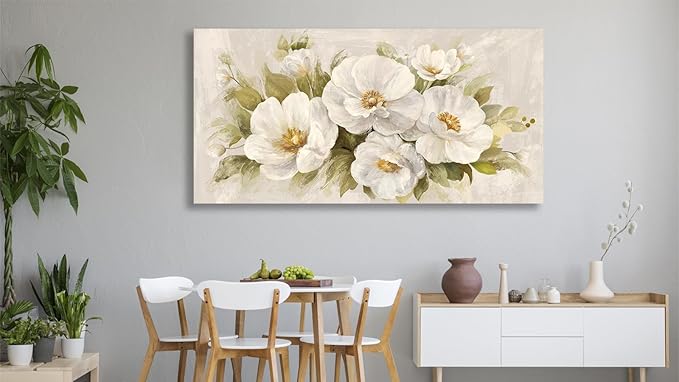 yearainn Abstract Flowers Canvas Wall Art - Beige Flower Pictures Blooming Floral Painting Wall Decor Minimalist Peony Printing Artwork for Living Room Bedroom Home Office Decorations 29" x 58"