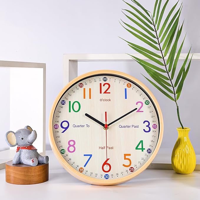 JoFomp Learning Clock for Kids | 10 inch Telling Time Teaching Wall Clock, Silent Non-Ticking Quartz Decorative Wall Clock for Teacher's Classrooms or Children's Bedrooms (Yellow)