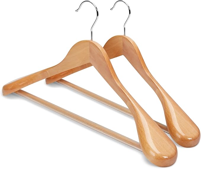 HOUSE DAY Wood Suit Hangers for Men, Smooth Wide Shoulder Wooden Hanger with Non Slip Pant Holder, Wide Hangers for Suits, Coats, Jackets, Heavy Wide Clothes Hanger 2 Pack, Natural