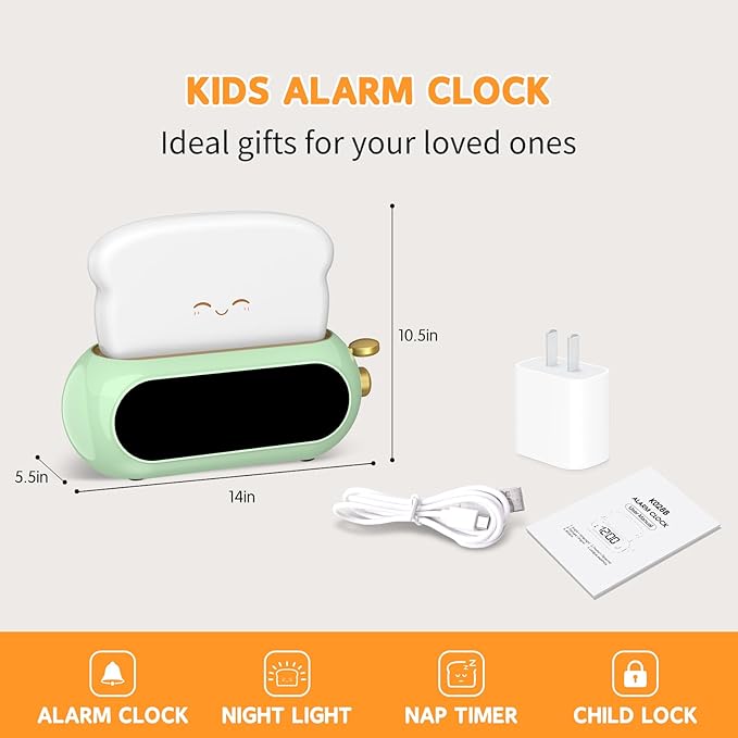 Kids Alarm Clocks for Bedroom, Cute Digital Clock with Night Light, 10 Ringtones, 10 Volumes, Nap Timer, Brightness Dimmer, Snooze, Bedside Alarm Clocks for Boys Girls Teens Birthday Gift, Plug-in Use