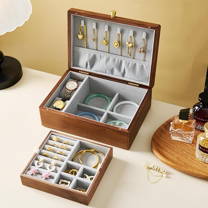 Bescott 2 Layer Solid Black Walnut Wooden Jewelry Box for Women Wood Vintage Organizer for Men Earrings Rings Necklaces Bracelet Watch Storage Mother's Day Gift