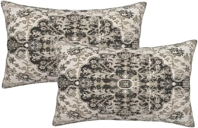 Boho Throw Pillow Covers 12x20 Set of 2, Black Brown Carpet Pattern Pillow Covers Ethnic Rustic Farmhouse Cushion Cases Linen Decorative Gifts for Couch Sofa Indoor Outdoor
