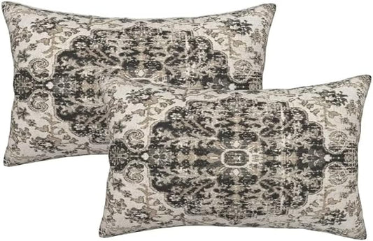 Boho Throw Pillow Covers 12x20 Set of 2, Black Brown Carpet Pattern Pillow Covers Ethnic Rustic Farmhouse Cushion Cases Linen Decorative Gifts for Couch Sofa Indoor Outdoor