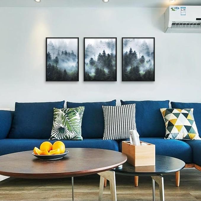 DZRWUBHS Black Framed Wall Art - Foggy Forest Paintings, Trees Landscape - 3 Piece Framed Art for Living Room, Bedroom & Office Decor