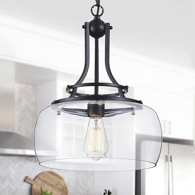 WUZUPS Chandelier Rustic Farmhouse Industrial Round Ceiling Pendant LED Light Fixture with Clear Glass Shades for Dining Room Kitchen Island Foyer Entryway, H 17" x W 13.4", E26 Base, Black