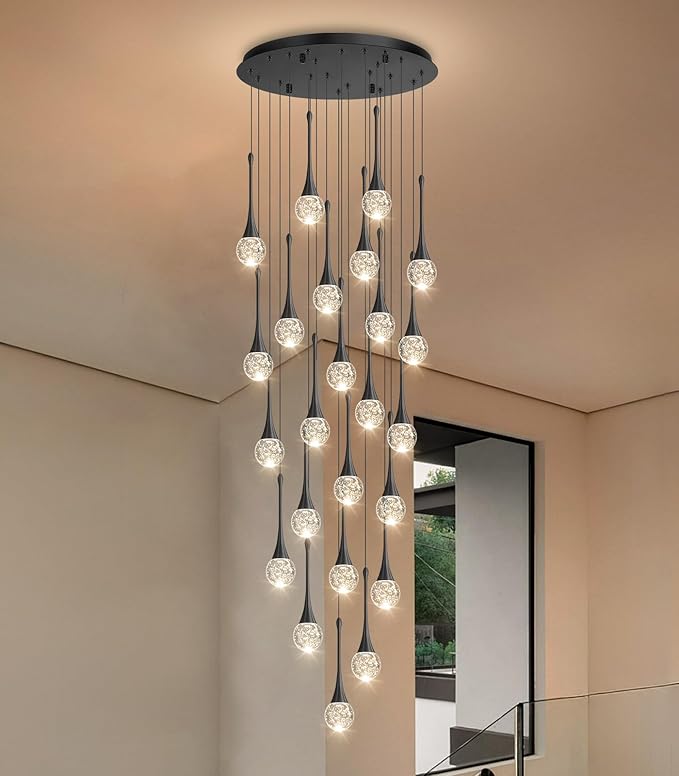 24 Light Modern Glam Crystal Chandelier for High Ceiling LED Dimmable Ceiling Pendant Light Staircase Foyer Enterway Living Room Chandelier Lighting Antique Black