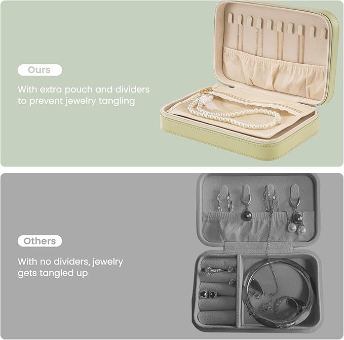Lolalet Travel Jewelry Case for Women, Travel Jewelry Organizer Box with Mirror & Clear Storage Bag, Small Portable Traveling Earring Necklace Bracelet Ring Case, Bridesmaid Gifts -Medium, Green