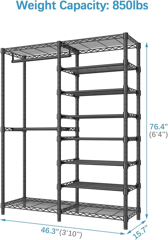 VIPEK S2 Heavy Duty Clothes Rack with Shoe Shelves Freestanding Clothing Rack with 6-Tier Shoe Rack, Double Hanging Rod, Adjustable Shelf, Walk in Closet Organizer Garment Rack, Black
