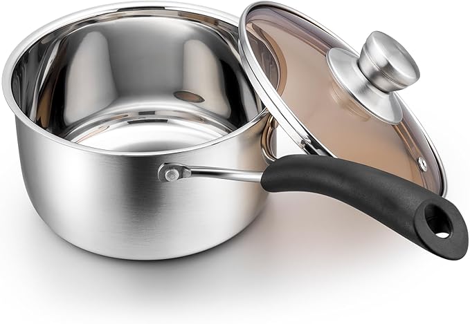 P&P CHEF 2QT Saucepan with Lid, Stainless Steel Saucepan, Small Sauce Pan for Kitchen Cooking Soup/Milk/Eggs/Noodles, Visible Glass lid & Bakelite Heat-Proof Handles, Dishwasher Safe & Healthy