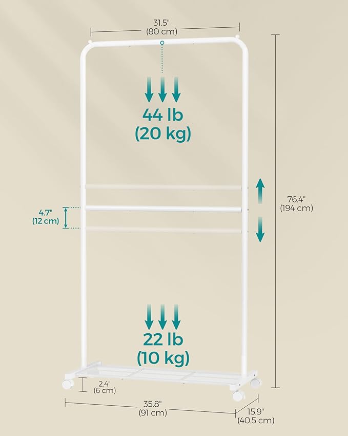 SONGMICS Clothes Rack with Wheels, Double-Rod Clothing Rack for Hanging Clothes, 25.4mm Metal Garment Rack with Dense Mesh Storage Shelf, 110 lb Load Capacity, 2 Brakes, White UHSR027W01