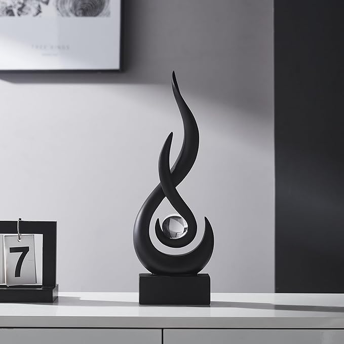 AWNR Modern Black Sculpture Decor: Flame Statue with Glass Ball Resin Abstract Art Figurines Unique Centerpiece for Living Room TV Stand Coffee Table Office Decor