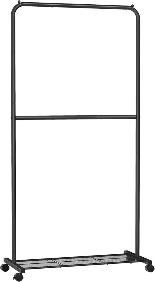 SONGMICS Clothes Rack with Wheels, Double-Rod Clothing Rack for Hanging Clothes, 25.4mm Metal Garment Rack with Dense Mesh Storage Shelf, 110 lb Load Capacity, 2 Brakes, Black UHSR027B01