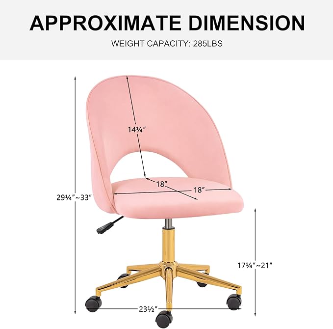 Furnimart Pink Armless Desk Chair, Swivel Velvet Vanity Chair with Gold Legs, Cute Task Chair with Wheels for Girls Living Room Bedroom Studying Small Splaces (Pink)