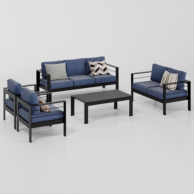 Wisteria Lane Aluminum Outdoor Patio Furniture Set, 7 Seats Modern Patio Conversation Sets, Outdoor Sectional Metal Sofa with 5 Inch Cushion and Coffee Table for Garden, Black Frame and Blue Cushion